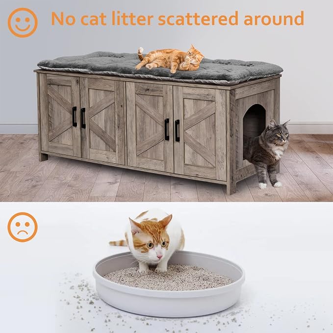 Homhedy 47.2”L Cat Litter Box Enclosure for 2 Cats, Greige | Wooden Litter Box Furniture Hidden with Double Room, Cat Washroom, Cat House, Dog-Proof, TV Stand,Farmhouse Style