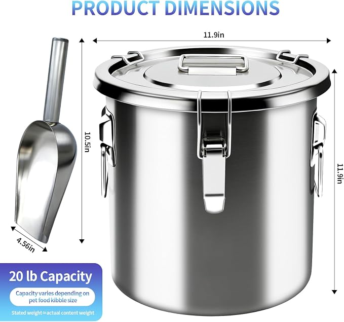 20 lb Stainless Steel Dog Food Storage Container, Airtight Metal Pet Food Storage Bin with Lid and Scoop, Large Dog Food Container for Dry Food, Keep Fresh, Easy to Clean