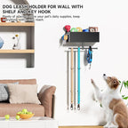 Dog Leash Holder for Wall, Dog Leash Hooks, Pet Stuff Organizer with Shelf Storage, Metal Key Holder, Leash Hangers Organizer Rack for Pet Collar, Toys, Treats, Poop Bag (Black)