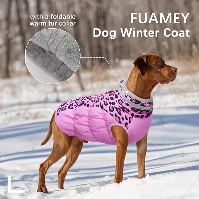 FUAMEY Dog Jacket for Large Dogs Warm Dog Jackets with Harness Built in | Dog Winter Jacket Cold Weather Snow Puppy Vest Water-Resistant Zip up Dog Fleece Jackets High Visibility Pink Leopard XXL