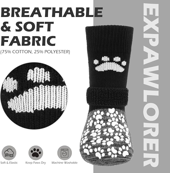 EXPAWLORER Anti Slip Dog Socks to Prevent Licking Paws, Shoes for Hot Pavement, Dog Booties for Small Medium Large Senior Dogs, Traction Control Boots & Paw Protectors for Hardwood Floors Black&Grey