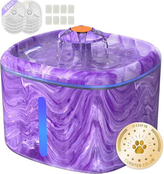 Cat Water Fountain Purple: Automatic Flower Pet Water Fountain for Cats Indoor-84oz/2.5L, Cute Cat Fountain for Drinking, LED Blue Light, Upgraded Ultra Quiet Pump, Gifts for Cats, Dogs (8Filters)