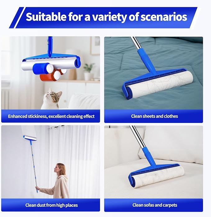 9.84" Large Extra Sticky Lint Roller, 58.3" Long Handle Lint Remover with 7 Rollers for Clothes, Cat Dog Pet Hair, Furniture, Couch, Carpet, Floor，Painted Wall Cleaner Mop Dust Cleaning