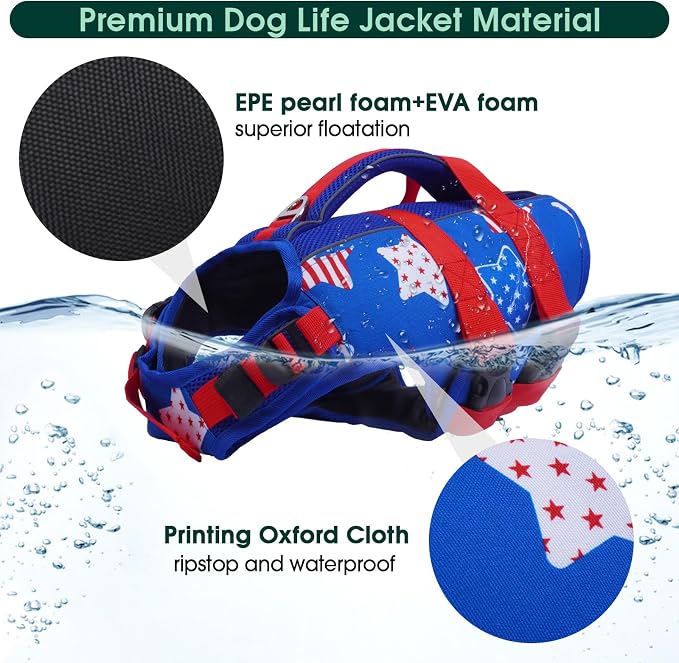 Kuoser Dog Life Jacket High Flotation, American Flag Dogs LifeVest for Swimming Boating, 4th of July Dog Lifejacket with Reflective & Rescue Handle, Lightweight Doggy Life Preserver for Medium Dogs, M