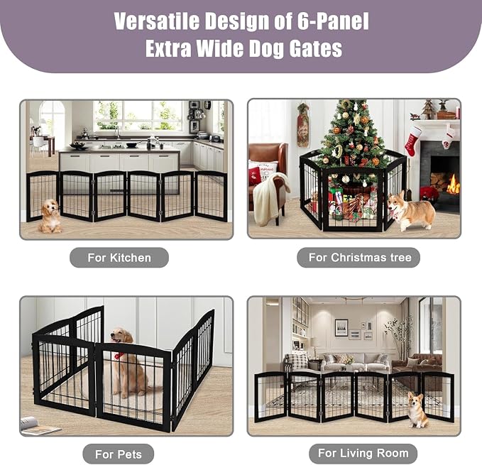 LZRS 6-Panel Extra Wide Wooden Freestanding Dog Gate: Foldable Solid Wood and Steel Wire Chew Resistant Safety Barrier for Doorways, Stairs, and Open Long Spaces Indoor Use,Dark Black