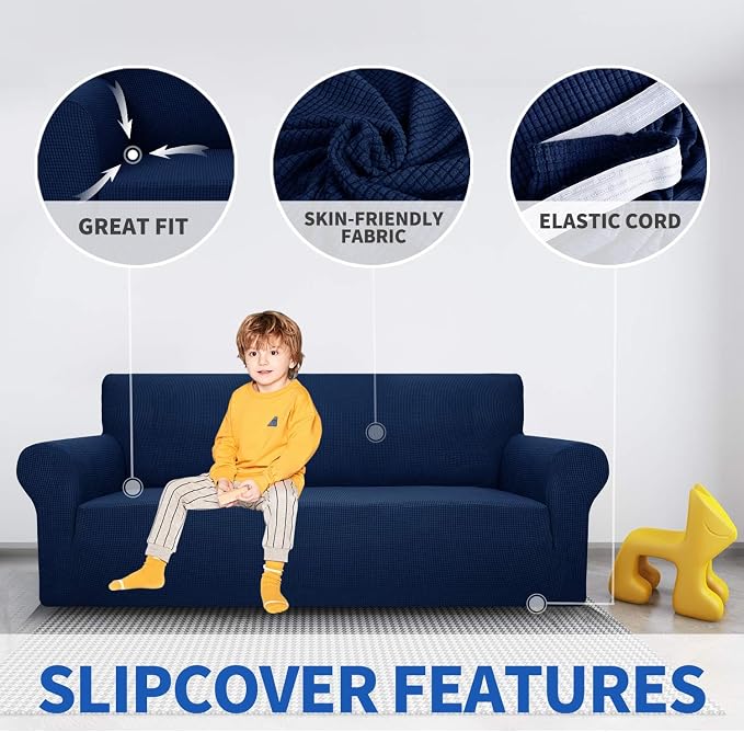 MAXIJIN Super Stretch Couch Cover for 3 Cushion Couch, 1-Piece Universal Sofa Covers Living Room Jacquard Spandex Furniture Protector Dogs Pet Friendly Fitted (Large, Navy Blue)