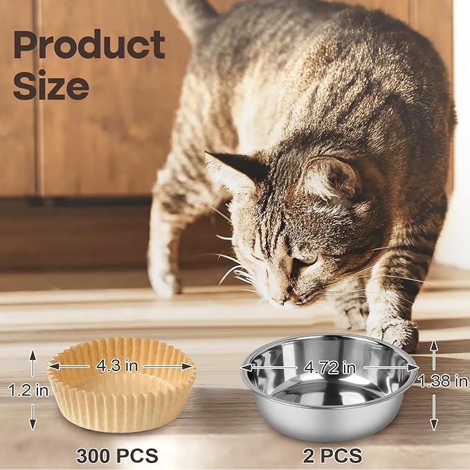 Bulk Disposable Cat Bowls Set (300 Pcs Cat Food Bowl Liners + 2 Pcs Stainless Steel Pet Bowls) Small Paper Bowls for Puppies, Kittens, Small Dogs and Cats, Ideal for Dry and Wet Food (Khaki, Classic)