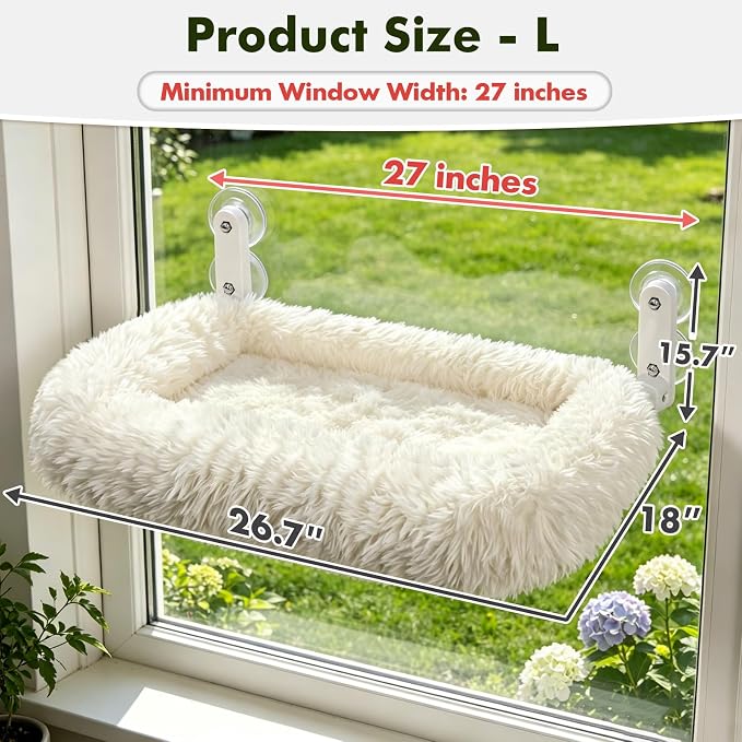 Zoratoo Extra-Thick Cushion Cat Window Perch, Foldable Cat Bed, White | Fluffy Long-pile Bolster, Machine Washable, Cordless Pet Hammock with Sturdy Metal Frame for Cats of All Breed