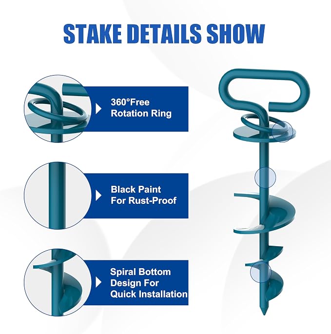 Eurmax USA 2-Pack Heavy Duty Dog Tie Out Stake, No-Tangle In Ground Anchor Runner for Large Dogs up to 210 Lbs - Perfect for Yard, Beach and Camping (Square,Navy Blue)