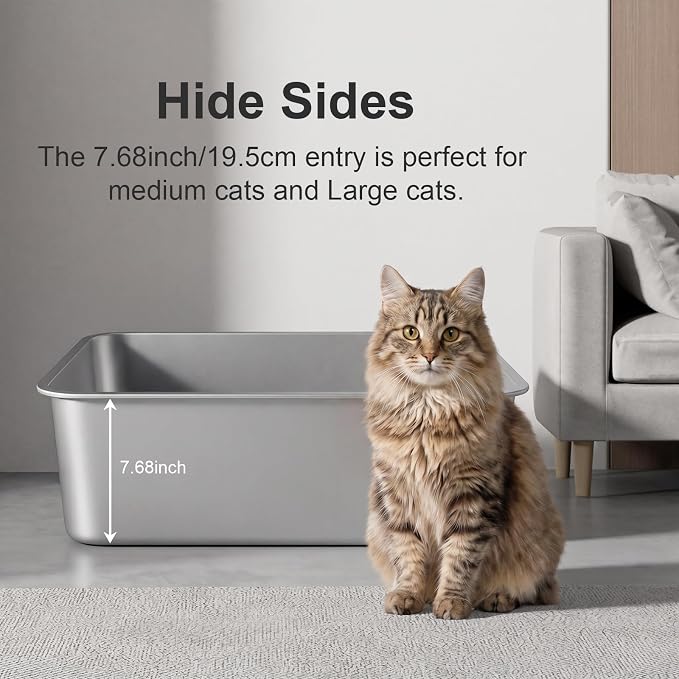 XX-Large High Sided Stainless Steel Cat Litter Box | Sturdy Metal, Odor-free, Cat Litter Non-stick and Easy to Clean, Ideal for Indoor Cats, Kittens and Multicat Houses