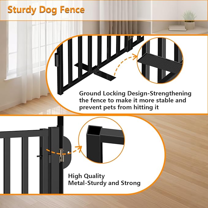 Free Standing Dog Gates with Door 36" Tall Use for Indoor Outdoor Stairs, Freestanding Dog Fence for Doorways Extra Wide, Metal Black 6 Panels