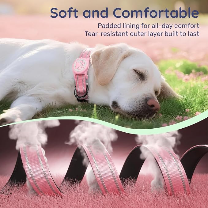 Airtag Dog Collar, Reflective Ultra-Durable Nylon Padded with QR Code Buckle & IP68 Waterproof Air Tag Holder Compatible for Apple AirTag, Comfortable for Small Medium Large Dogs (Pink, XS)