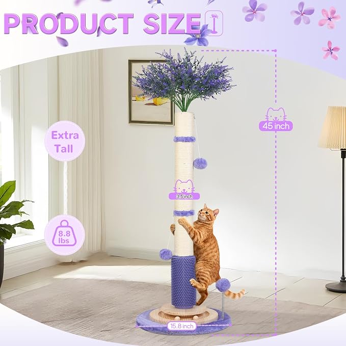 Cat Scratching Post,45'' Tall Wood Vertical Scratcher Tree Toys for Indoor | Large 3.5Inch Natural Sisal Artificial Flower Design Stable Tower Interactive Self Groomer Climbing Full Body Stretching