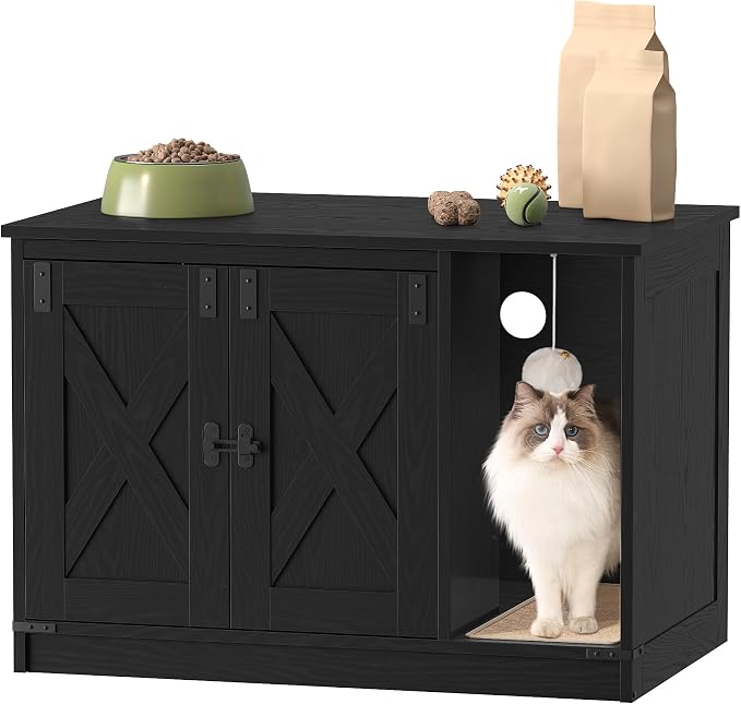 Hzuaneri Cat Litter Box Enclosure, Hidden Litter Box Cabinet Furniture | Indoor Cat House with Bell, Farmhouse Style, 31.5 x 19.7 x 20.9 Inches, for Hallway, Bedroom, Black CB82404X