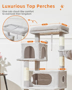 Taoqimiao Cat Tree, 49In Cat Tower for Indoor Cats Large Adult | 2 Luxurious Cat Condos, Thick Padded Top Perch, Adjustable Hanging Baskets, 5 Scratching Sisal Posts, Light Gray MS029LW