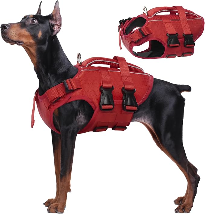 Kuoser Dog Life Jacket, High Flotation Reflective Dog Life Vest, Red, XL | Adjustable Dog Lifejackets for Small Medium Large Dogs, Lifevest with Rescue Handle for Swimming, Boating, Lake, Beach & Pool
