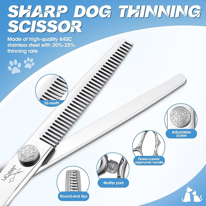JASON Dog Grooming Scissors Set - Professional 6 in 1 Shears Kit Silver | 6.5" Thinning, 7" Straight, 7" Up-Curved, 7" Down-curved Shears and Comb for Dog Cat Pet, Gift