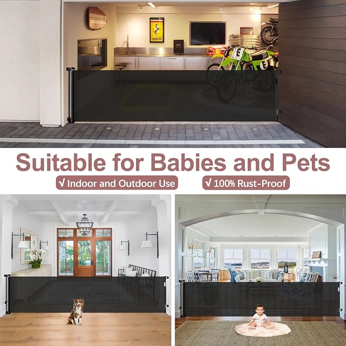 85" Wide Retractable Baby Gate for Stairs, Long Dog Gate, Indoor/Outdoor | Retractable Gate for Deck/Doorway, Easy One-Hand Operation Safety Lock, Scratch-Resistant Mesh Baby Gate, Easy Install, Black