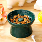 Tioncy 1 Pcs Ceramic Elevated Slow Feeder Cat Bowl, Raised Cat Slow Feeder Bowl, Anti Vomiting for Dry and Wet Food, No Spill High Edge Easy Clean Dishwasher Safe (Dark Green)