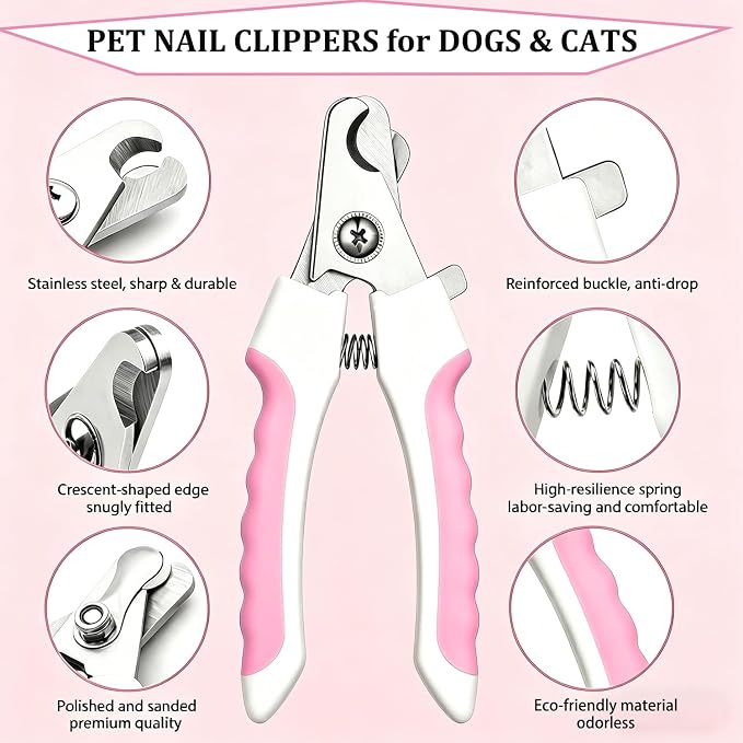 7PCS Dog Grooming Brush Kit for Shedding and Matted Fur, Self-Cleaning Slicker Brush with Undercoat Rake, Flea Comb for Long-Haired Pets, Pink