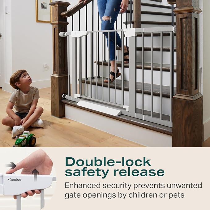 Cumbor 30-46" Baby Gate for Stairs, Auto Close Dog Gate Indoor Gray | Easy Install Pressure Mounted Pet Gates for Doorways & Hallways, Dual Lock Easy Walk Thru Safety Gate Indoor for Kids and Pet