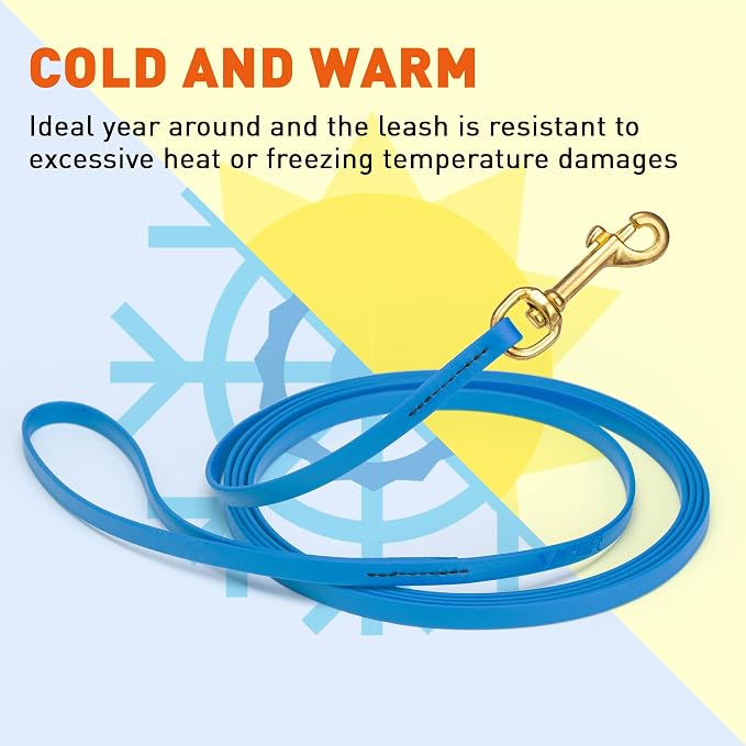 Viper Biothane K9 Working Dog Leash Waterproof Lead for Tracking Training Schutzhund Odor-Proof Long Line with Solid Brass Snap for Puppy Medium and Large Dogs, 15ft Cerulean Blue