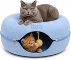 MeowMates Peekaboo Cat Cave Donut Bed for Multiple Cats Upto 45lbs, 3-in-1 Large Cat Tunnel & Donut Bed Combo w Round Tunnel Scratcher for Indoor Cats, Hanging Toy, Washable & Detachable
