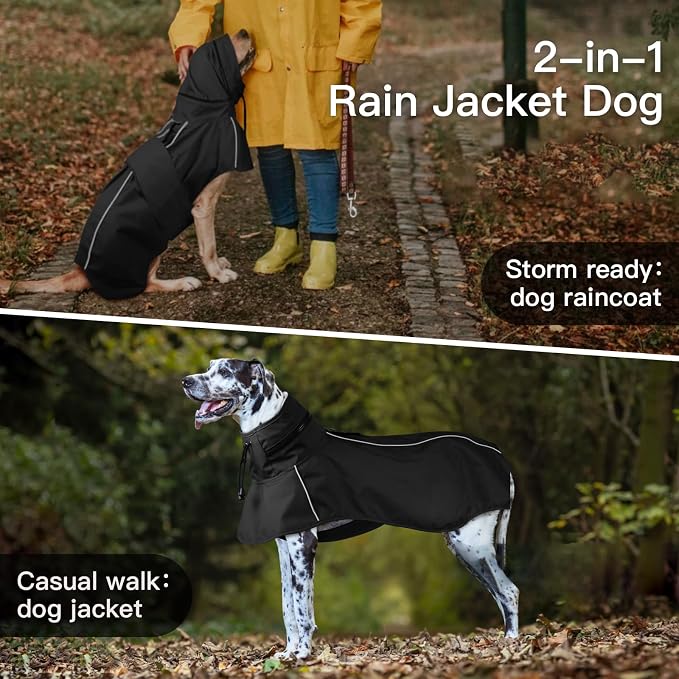 Dog Raincoat, Waterproof Rain Jacket for Large Dogs Poncho with Leash Hole Convertible Hood/Collar Reflective Rain Coat, Lightweight Breathable Stay Secure Walking (Black, XXXL)