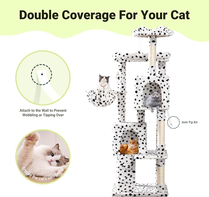 Allewie 64 Inches Cat Tree Tower/Multi-Level Activity Center for Indoor Big Felines/2 Plush Condos/2 Perchs/Basket/House/Sisal Scratching Posts/Hanging Cat Toys/White & Black Spot