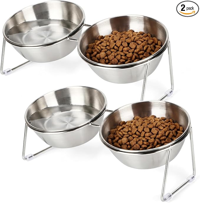 2 Set Elevated Cat Bowls 4.53'' Height Raised Stainless Steel Cat Food Bowls Anti-Slip 15° Tilted Stand Shallow Food and Water Dishes for Kitty and Small Puppy (Double Bowl)