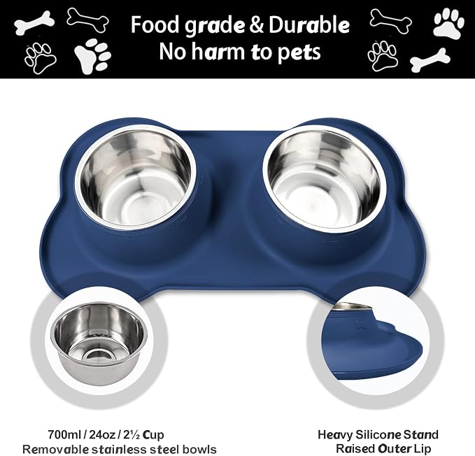 AsFrost Dog Food Bowls Stainless Steel Dog Food & Water Bowl Set with No Spill No Slip Silicone Mat, Dog Dishes for Small Medium Size Dogs Pet Cat Puppy Food Feeding Bowls, Blue, 24oz, 3 Cup