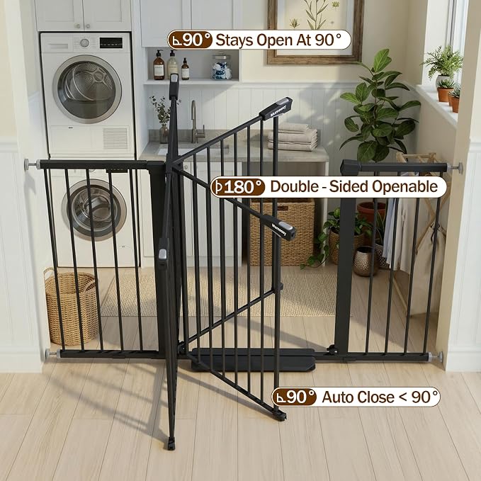 Mumeasy 29.7-57" Extra Wide Baby Gate,Dog Gate Indoor for Doorways & Stairs | No Drilling Pressure Mounted Pet Gate for Dogs Outdoor, Auto Close Easy Walk Thru Child Safety Gate for Hallways, House,Black