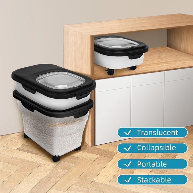 Dog Food Container, Collapsible Pet Food Storage Container 17-20 lb with Rolling Wheels & Airtight Lid, Plastic Storage Bin With Dog Food Scoop and Measuaring Cups