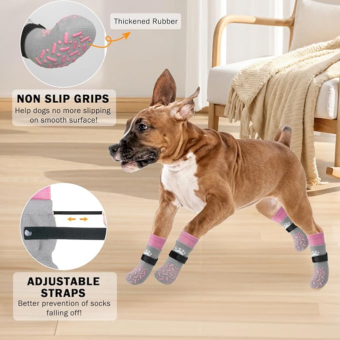 SCENEREAL Anti Slip Dog Socks to Prevent Licking Paws, Dog Shoes for Hot/Cold Pavement, Paw Protector Traction Control on Hardwood Floor, Dog Shoes Booties for Puppy Small Medium Large Senior Dogs
