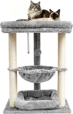 SYANDLVY Small Cat Tree for Indoor Cats with Top Perch Hammock & Bottom Bed | Natural Sisal Scratching Post Tower with Hanging Bell Ball & Anti-Tip Strap, Stable Indoor Cat Furniture, Grey