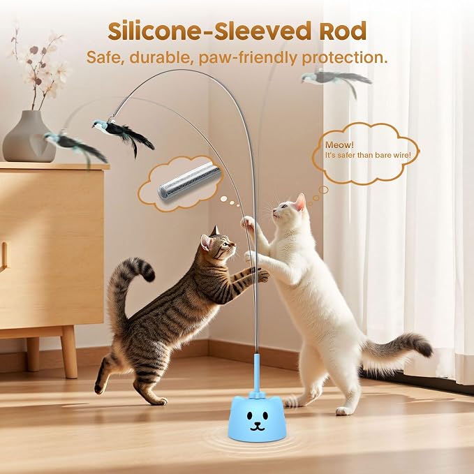 Interactive Cat Toys for Indoor Cats, 360° Automatic Spin Flying Bird Wand | 8cm Suction Cup & Weighted Base, Silicone-Protected Rod, USB Rechargeable with Replaceable Feather & Streamer Attachments