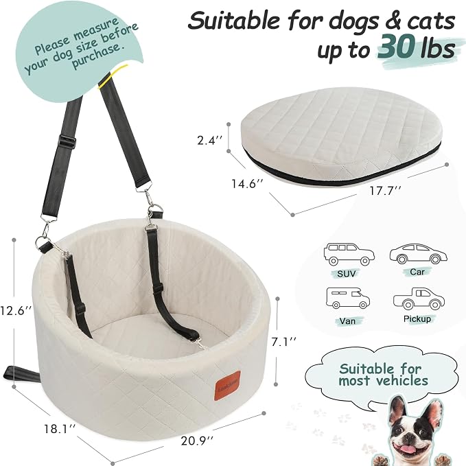 Lealchum Dog Car Seat for Small Dogs Up to 30 Lbs,Ultra Soft Fabric Fill in Comfy Memory Foam,Happy Pet Ride,2 Safety Dog Leashes,Fully Detachable and Washable,Anti Slip Base(Beige)