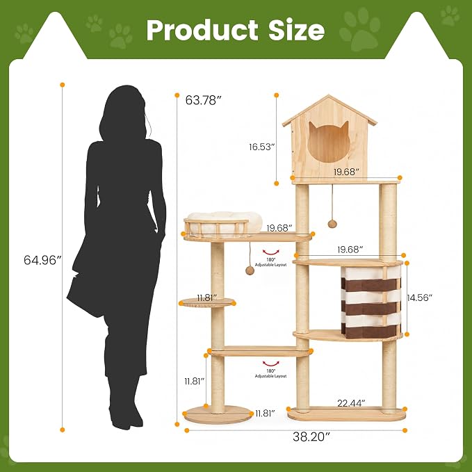 63.8 Inch Large Solid Wood Cat Tree, Modern Cat Tower for Indoor Cats, Cat Condo with Top Hideaway, Sisal Scratching Posts, Washable Cushion, Hanging Balls, Natural