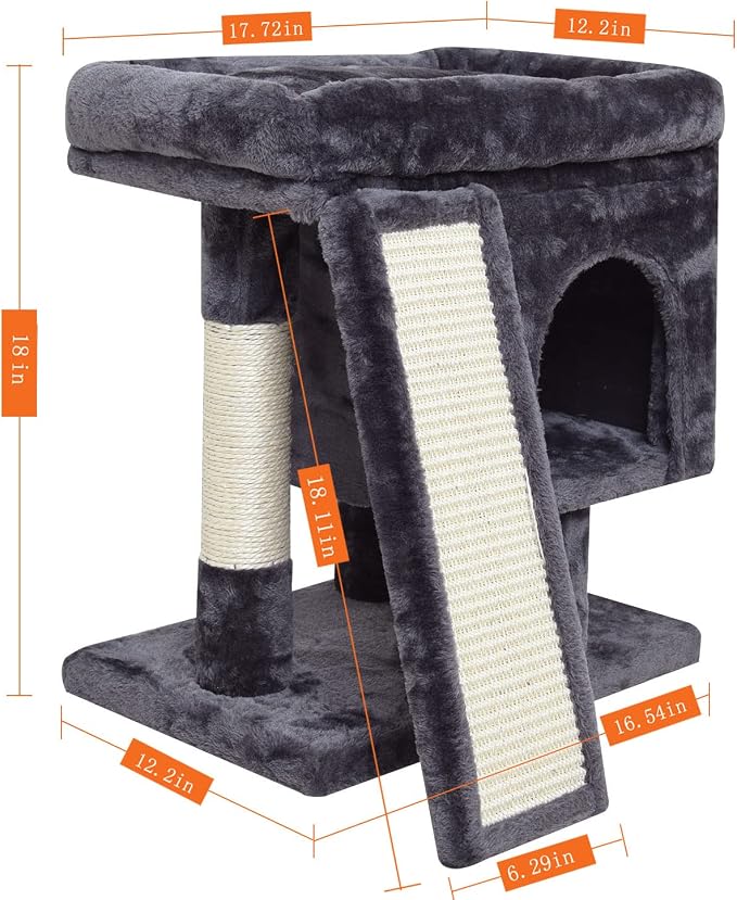 SYANDLVY Small Cat Tree for Indoor Cats Large Adult, Activity Tower with Scratching Post, Modern House with Padded Perch, Kittens Condo with Board, Cat Cave (Smoky Grey)