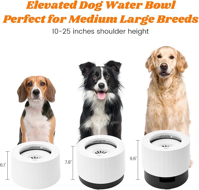 Raised 95oz Slow Drinking Dog Water Bowl No Spill Medium Large Breed | Single Elevated Stainless Steel Water Bowl with Floating Disc, Stable Sturdy Base and Snap on Adjustable Height Stand