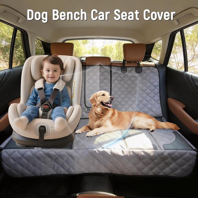 Dog Car Seat Cover for Back Seat, Heavy Duty Nonslip Car Seat Protector for Child Car Seat, Waterproof Bench Seat Cover for Dogs and Kids, Compatible with Armrest, Fits Sedan (Grey)