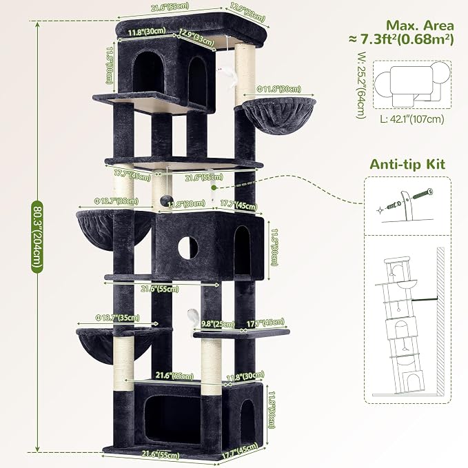 Globlazer Large Cat Tree, 80in Tall Climbing Tower, F80F, Dark Grey | Multi-Level Cat Scratching Tower for Indoor Multiple Large Adult Cats Kittens with 3 Cat Caves, 3 Hanging Baskets