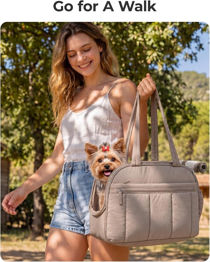 BAGSMART Dog Purse Carrier for Small Dogs Up to 15lbs Puppy Travel Tote Bag | Quilted Puffy Soft Sided Pet Handbag with Pockets, Collapsible Lightweight Portable Carrying with Safety Tether & Mat, Green