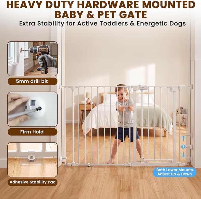 Mumeasy 150" Extra Wide Baby Gate, Play Yard Long Dog Gate for Doorways | Pet Gate Auto Close Walk Thru Door, Adjustable Large Child Safety Fence Gate for House Fireplace Outdoor,6 Metal Panels,White