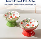 Strawberry Blooms Elevated Ceramic Cat Bowl, Green | Raised Cat Food Bowl with 15° Tilt, Whisker-Friendly Pet Feeding Bowl, Anti-Choking Dish, Dishwasher Safe
