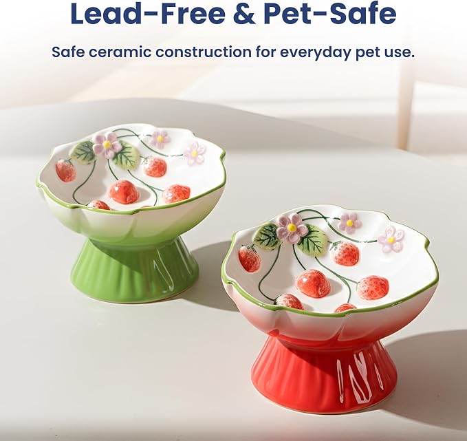 Strawberry Blooms Elevated Ceramic Cat Bowl, Green | Raised Cat Food Bowl with 15° Tilt, Whisker-Friendly Pet Feeding Bowl, Anti-Choking Dish, Dishwasher Safe