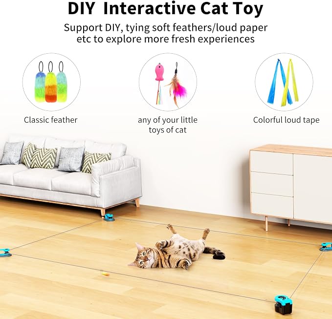 Interactive Cat Toys for Indoor Cats Chasing Running Hunt Instinct Exercise | Auto Smart DIY Multi-track Cat Feather Toy Treadmill with Mouse Sound，Cat Lure Course for Playful Cat Kitten Play(Cyan-blue)