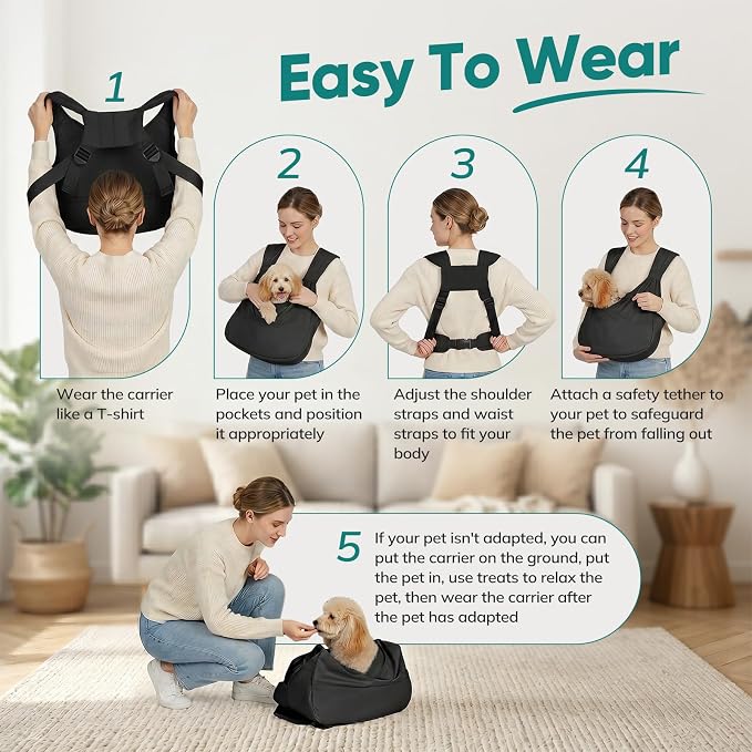 Dog Sling Carrier Front with Thicken Bottom Support for Small Dogs 10-16 lb | Adjustable, Hands Free, Comfortable Wearable, Lightweight, Vet Visits, Anxiety, Travel, Hiking, Safety Clip Black