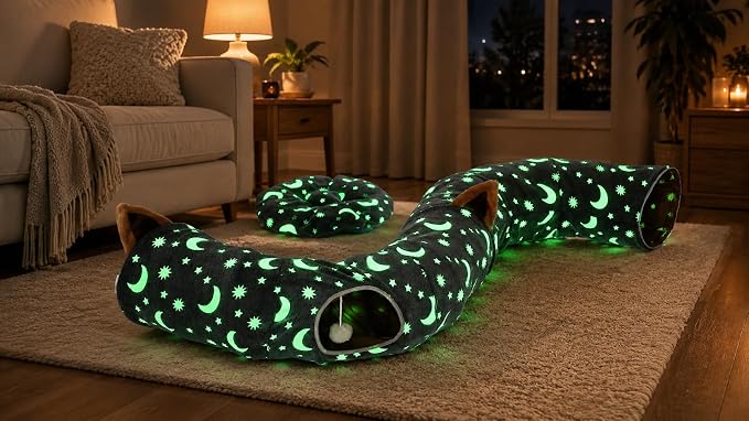 Cat Tunnel Bed Under Christmas Tree with Plush Ball Toy Playground Crinkle Collapsible Self-Luminous Flannel Fabric 3FT for Large Cats Kittens Kitty Small Animals Puppy Grey Moon Star