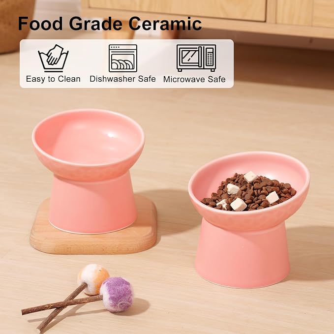 YauYik Ceramic Raised Cat Bowls, Elevated Tilted Cat Food and Water Bowls Set, Stress Free Pet Feeding Dish for Indoor Cats and Small Dogs, Anti Vomiting, Pink, 2 Pack